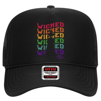 The W.I.Z.A.R.D Of Oz Pride Wicked Witch Rainbow Text Stack Trucker Hat