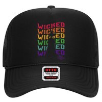 The W.I.Z.A.R.D Of Oz Pride Wicked Witch Rainbow Text Stack Trucker Hat