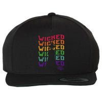 The W.I.Z.A.R.D Of Oz Pride Wicked Witch Rainbow Text Stack Wool Snapback Cap