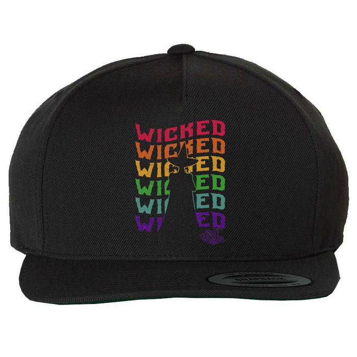 The W.I.Z.A.R.D Of Oz Pride Wicked Witch Rainbow Text Stack Wool Snapback Cap