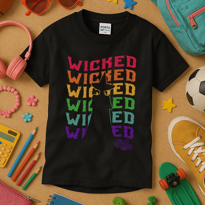 The W.I.Z.A.R.D Of Oz Pride Wicked Witch Rainbow Text Stack Kids T-Shirt