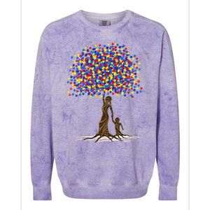 Tree With Puzzle Pieces Autism Mom And Son Autism Awareness Gift Colorblast Crewneck Sweatshirt