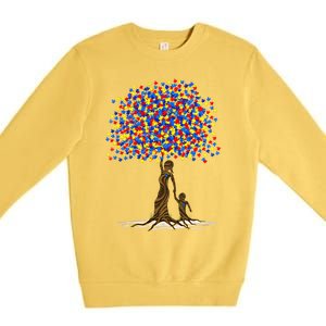 Tree With Puzzle Pieces Autism Mom And Son Autism Awareness Gift Premium Crewneck Sweatshirt