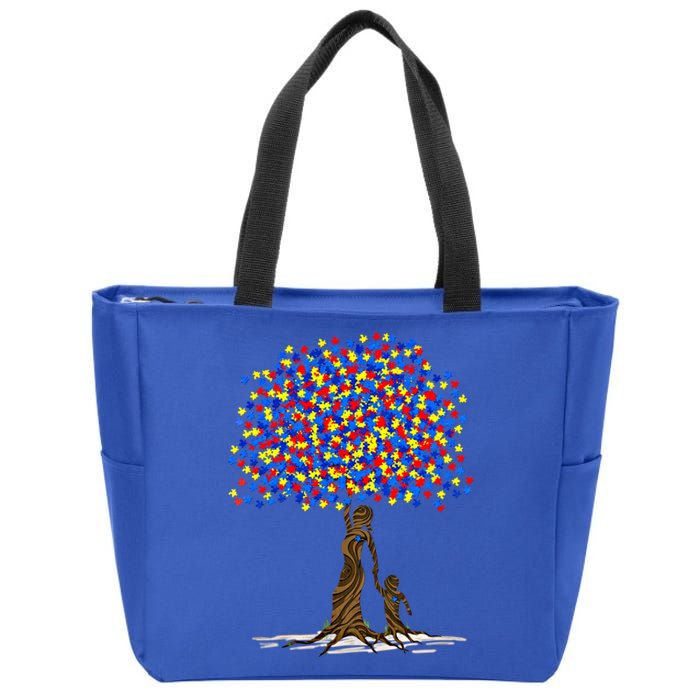 Tree With Puzzle Pieces Autism Mom And Son Autism Awareness Gift Zip Tote Bag