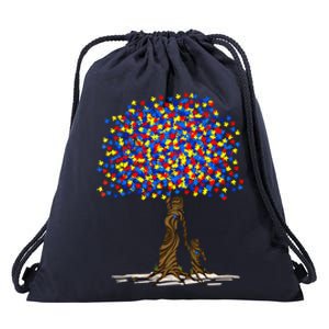 Tree With Puzzle Pieces Autism Mom And Son Autism Awareness Gift Drawstring Bag