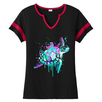 Turtle Watercolor Sea Ocean Wildlife animal Ladies Halftime Notch Neck Tee