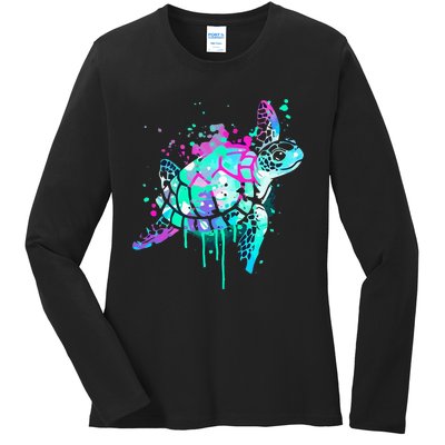 Turtle Watercolor Sea Ocean Wildlife animal Ladies Long Sleeve Shirt