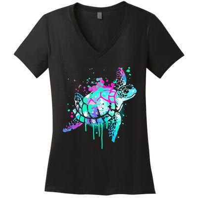 Turtle Watercolor Sea Ocean Wildlife animal Women's V-Neck T-Shirt