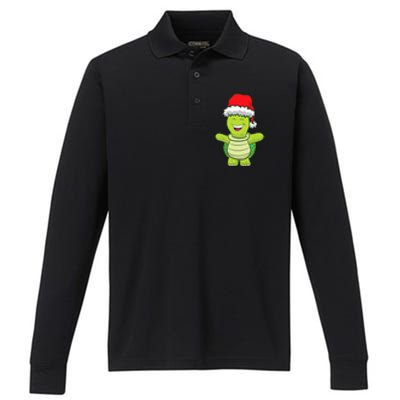 Turtle With Santa Hat Cute Turtle Christmas Performance Long Sleeve Polo