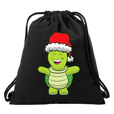 Turtle With Santa Hat Cute Turtle Christmas Drawstring Bag