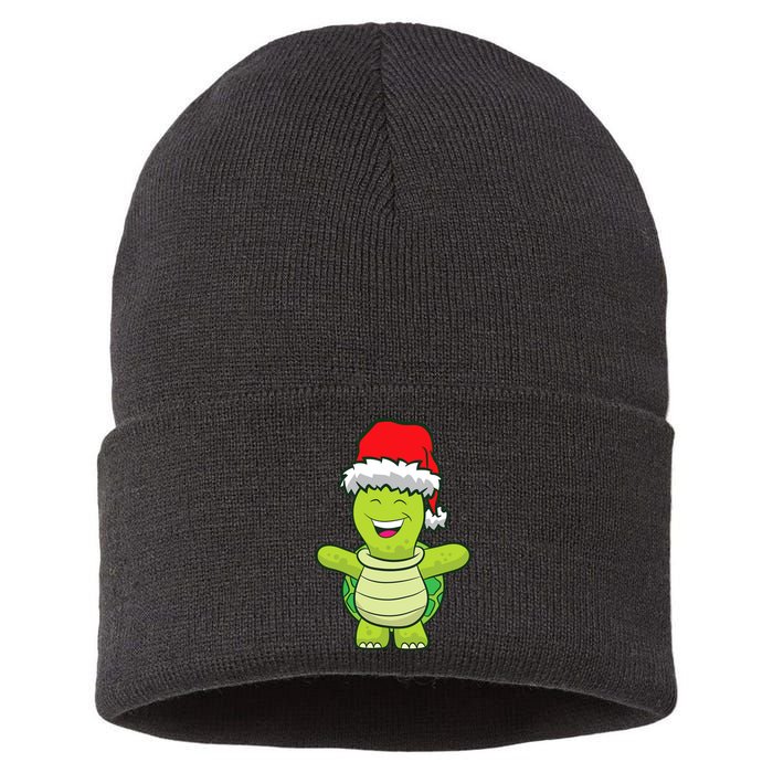 Turtle With Santa Hat Cute Turtle Christmas Sustainable Knit Beanie