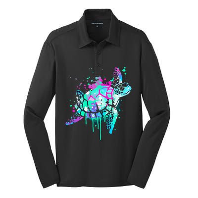 Turtle Watercolor Sea Ocean Wildlife Animal Silk Touch Performance Long Sleeve Polo