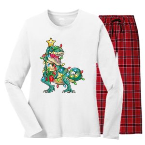  TRex with Tree lights Family Xmas Dinosaur  Women's Long Sleeve Flannel Pajama Set 