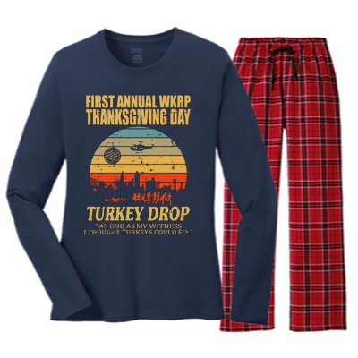 Thanksgiving Wkrp Turkey Drop Women's Long Sleeve Flannel Pajama Set 