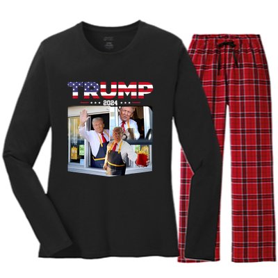 Trump Works The Drivethru Fast Food Worker French Fries Women's Long Sleeve Flannel Pajama Set 