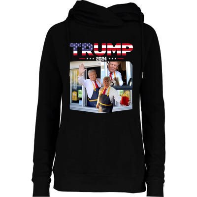 Trump Works The Drivethru Fast Food Worker French Fries Womens Funnel Neck Pullover Hood