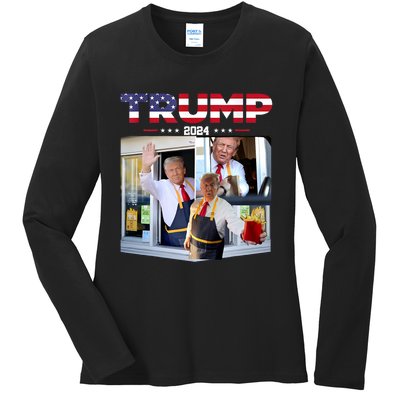 Trump Works The Drivethru Fast Food Worker French Fries Ladies Long Sleeve Shirt