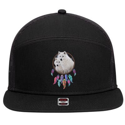 Two White Wolves Dream Catcher 7 Panel Mesh Trucker Snapback Hat