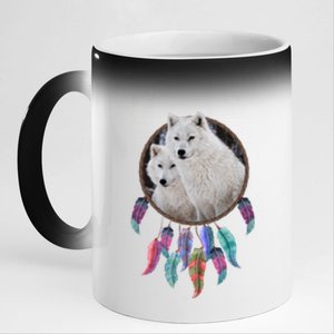 Two White Wolves Dream Catcher 11oz Black Color Changing Mug