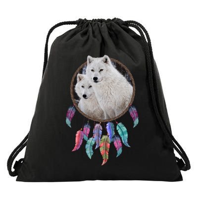 Two White Wolves Dream Catcher Drawstring Bag