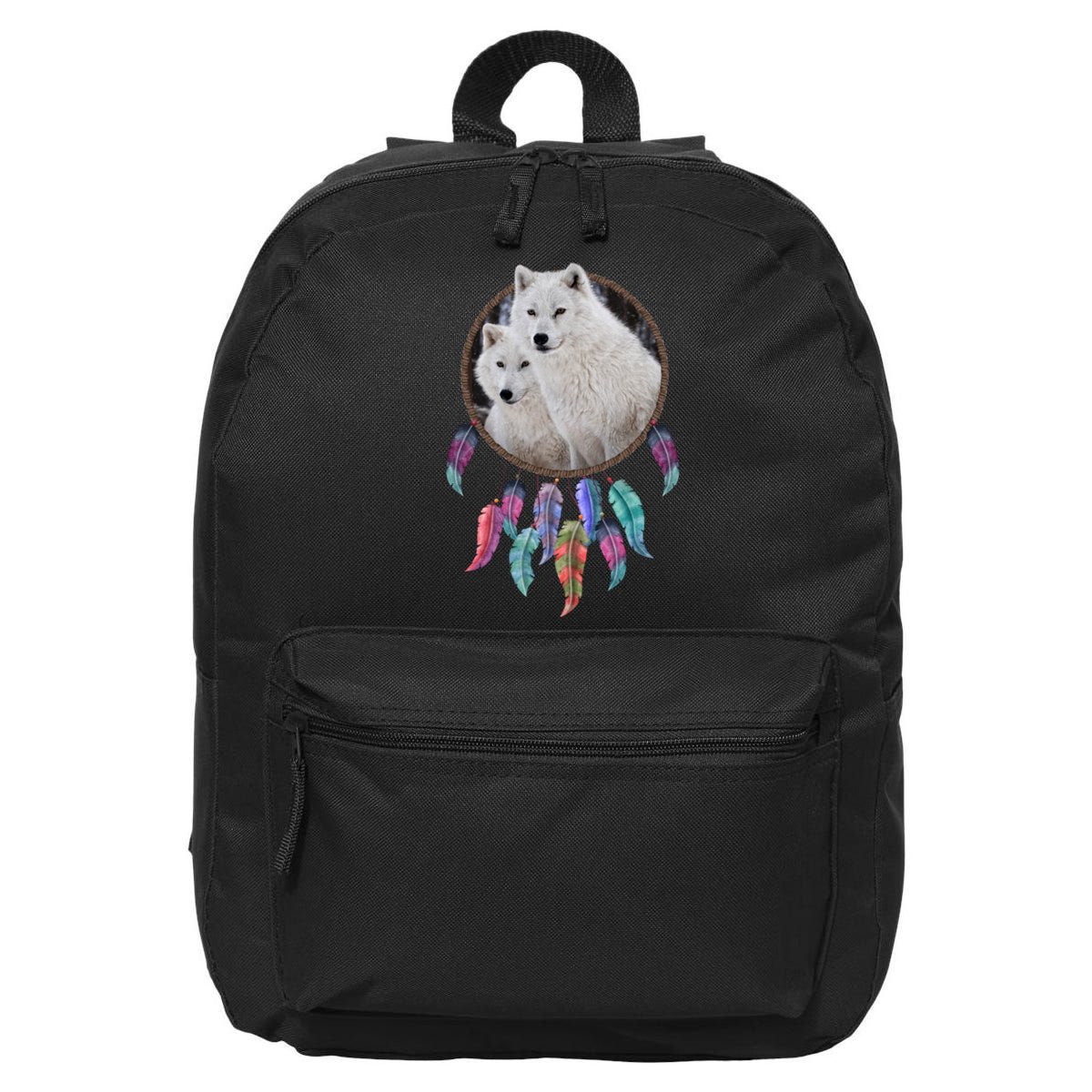 Two White Wolves Dream Catcher 16 in Basic Backpack