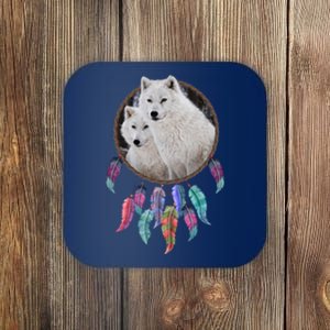 Two White Wolves Dream Catcher Coaster