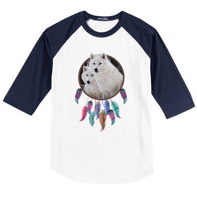 Two White Wolves Dream Catcher Baseball Sleeve Shirt