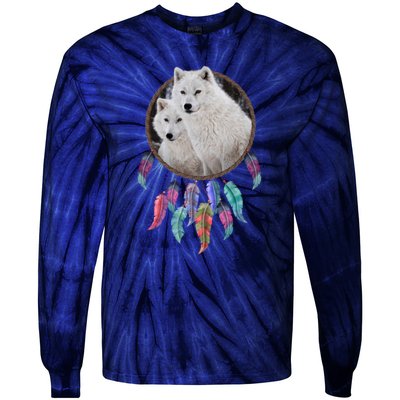 Two White Wolves Dream Catcher Tie-Dye Long Sleeve Shirt