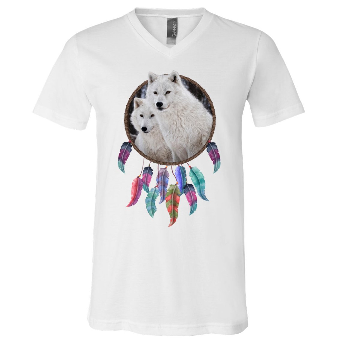 Two White Wolves Dream Catcher V-Neck T-Shirt
