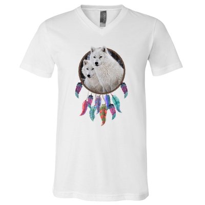 Two White Wolves Dream Catcher V-Neck T-Shirt