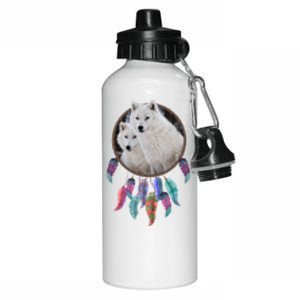 Two White Wolves Dream Catcher Aluminum Water Bottle