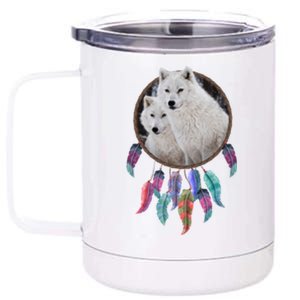 Two White Wolves Dream Catcher 12 oz Stainless Steel Tumbler Cup