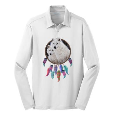 Two White Wolves Dream Catcher Silk Touch Performance Long Sleeve Polo