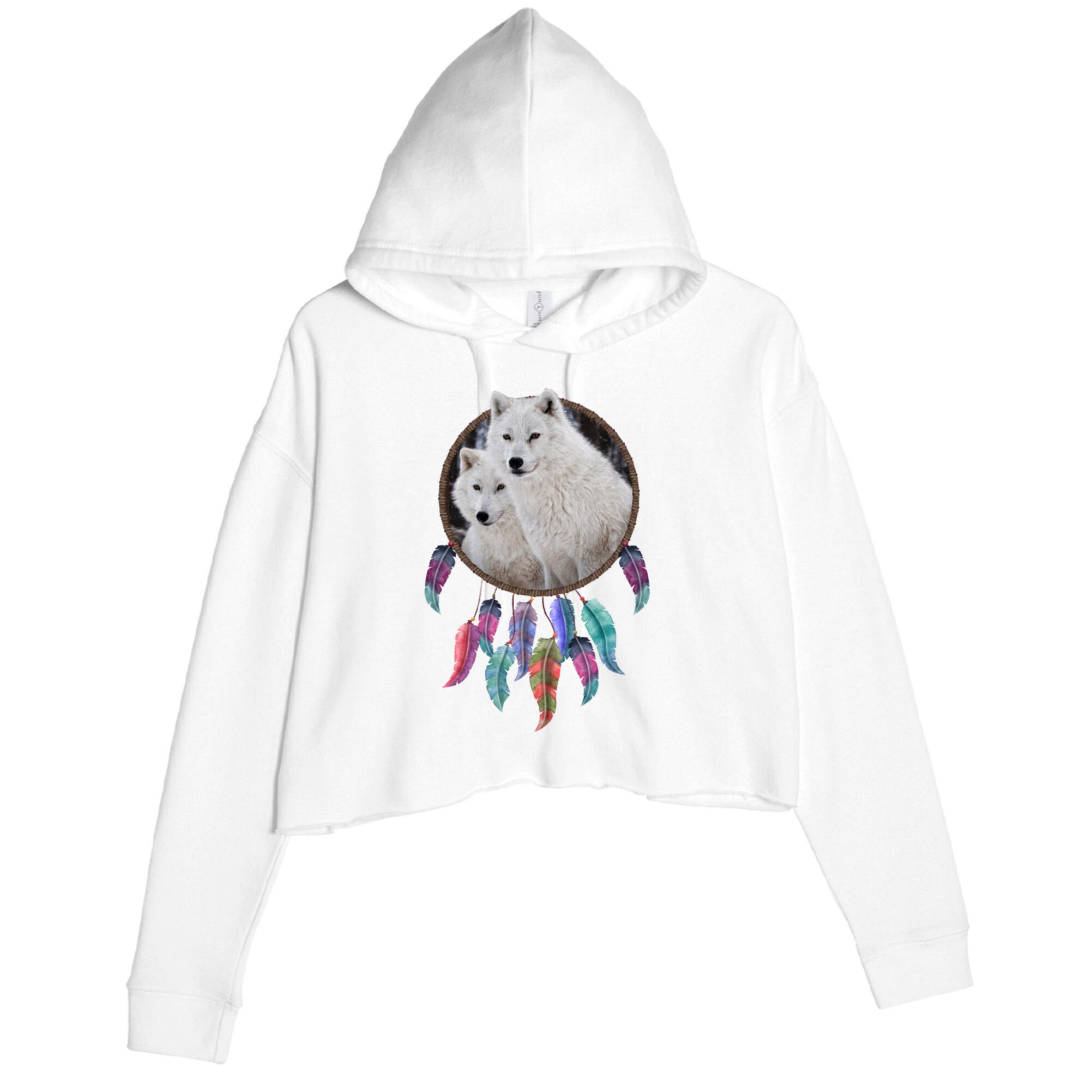 Two White Wolves Dream Catcher Crop Fleece Hoodie