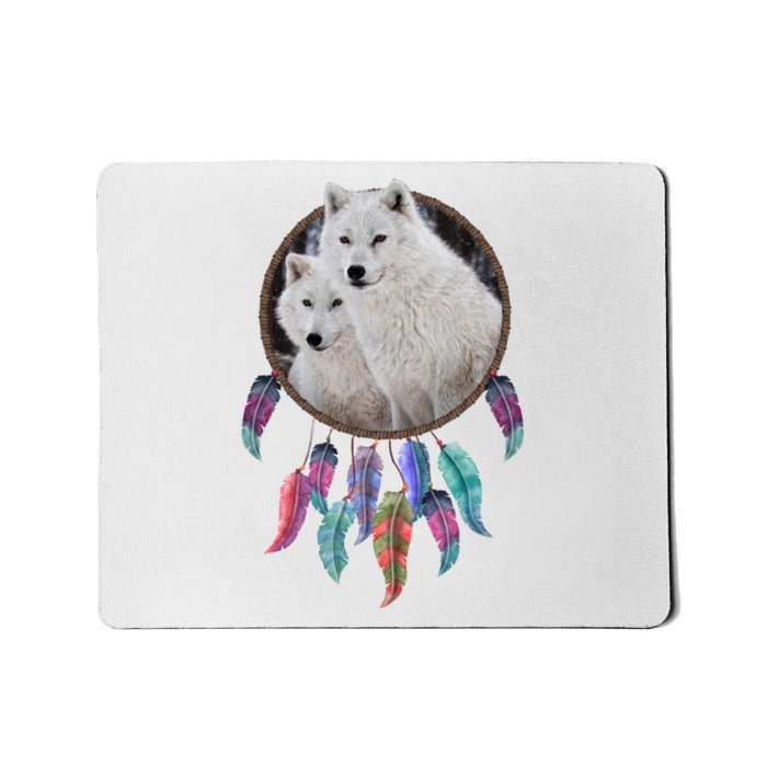 Two White Wolves Dream Catcher Mousepad