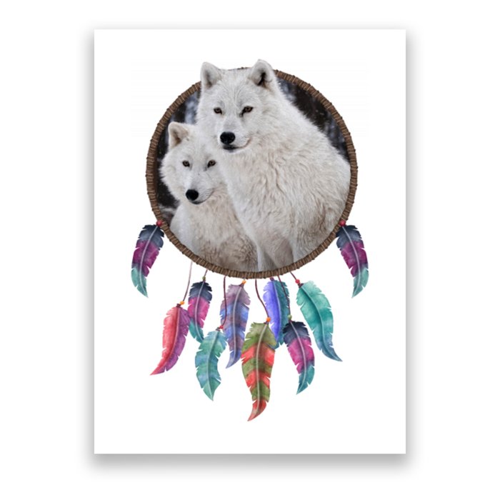 Two White Wolves Dream Catcher Poster