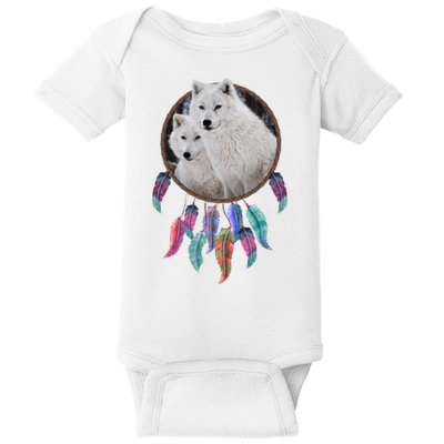 Two White Wolves Dream Catcher Baby Bodysuit