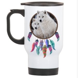 Two White Wolves Dream Catcher Stainless Steel Travel Mug