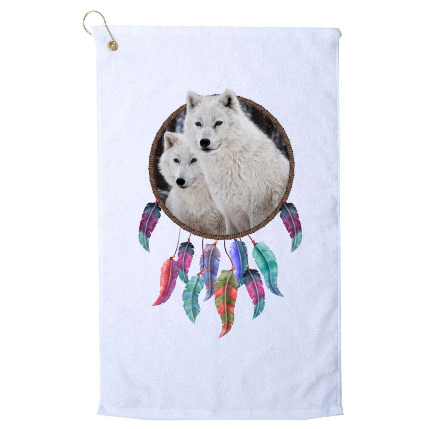 Two White Wolves Dream Catcher Golf Towel