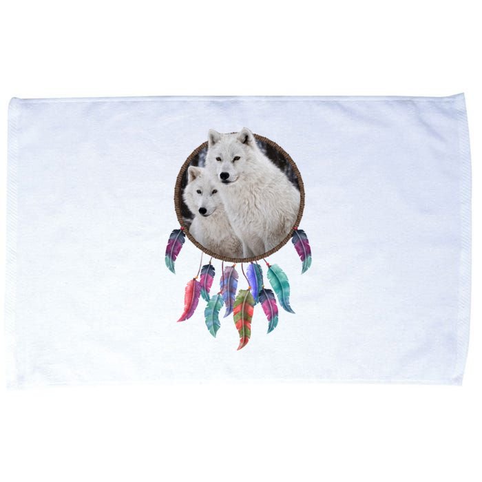 Two White Wolves Dream Catcher Microfiber Hand Towel