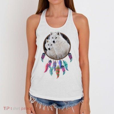 Two White Wolves Dream Catcher Women's Knotted Racerback Tank