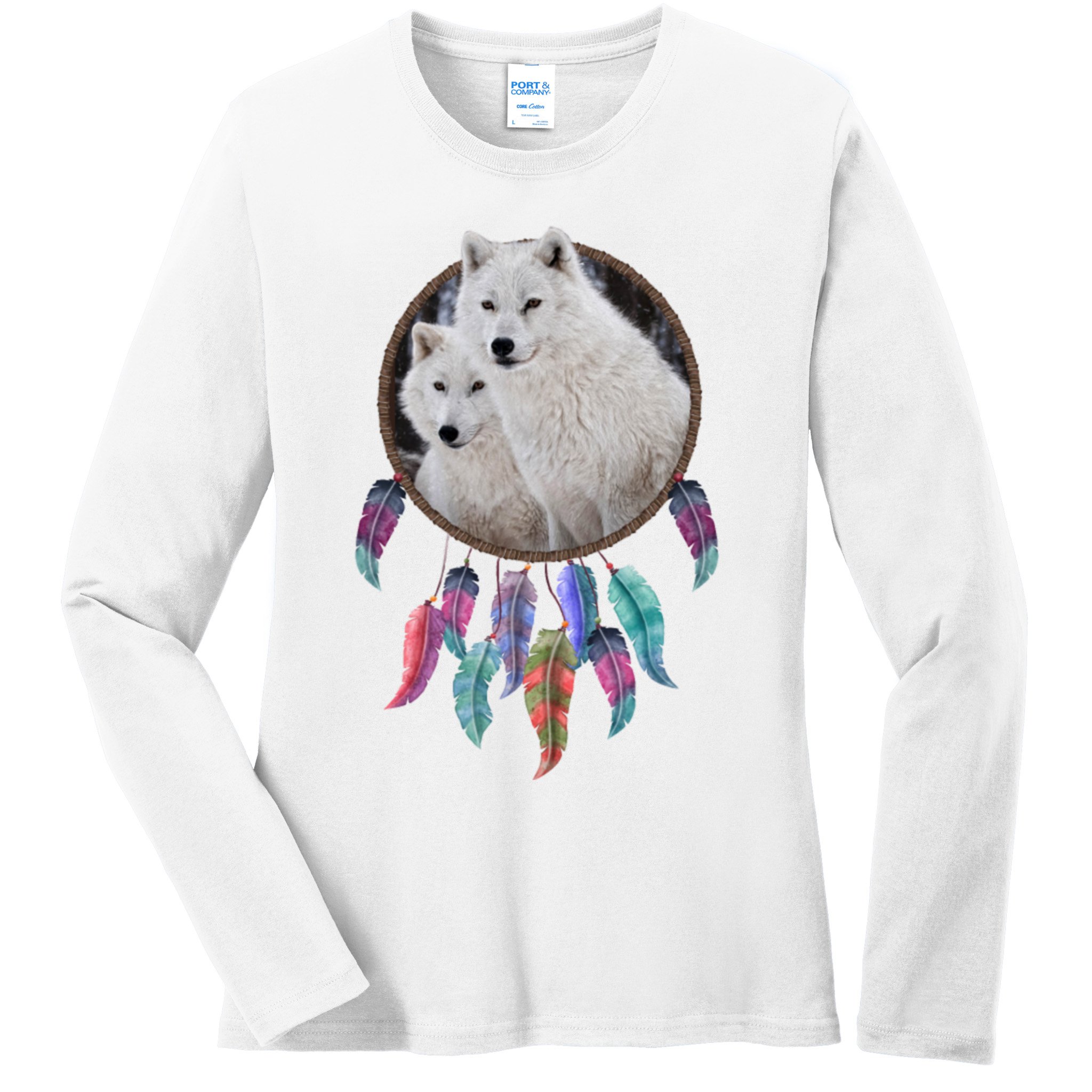 Two White Wolves Dream Catcher Ladies Long Sleeve Shirt