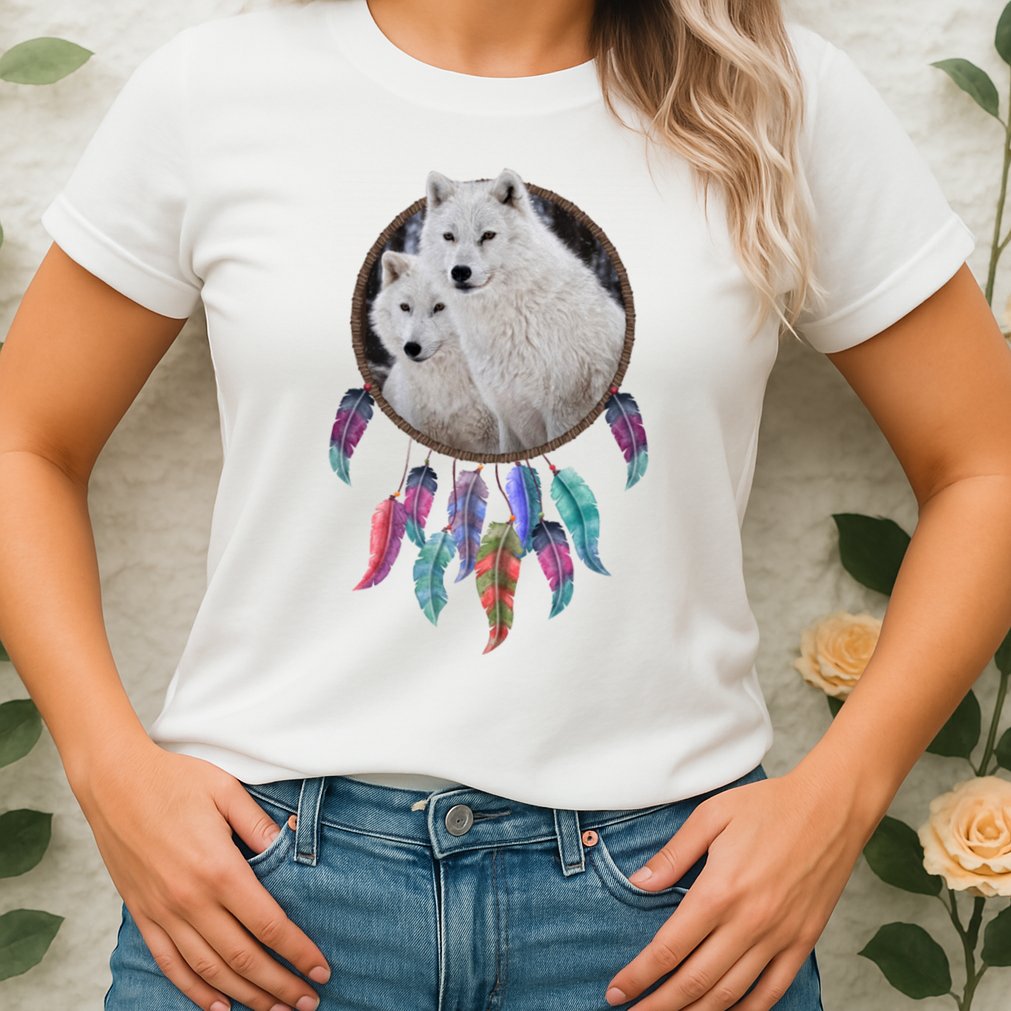 Two White Wolves Dream Catcher Womens T-Shirt