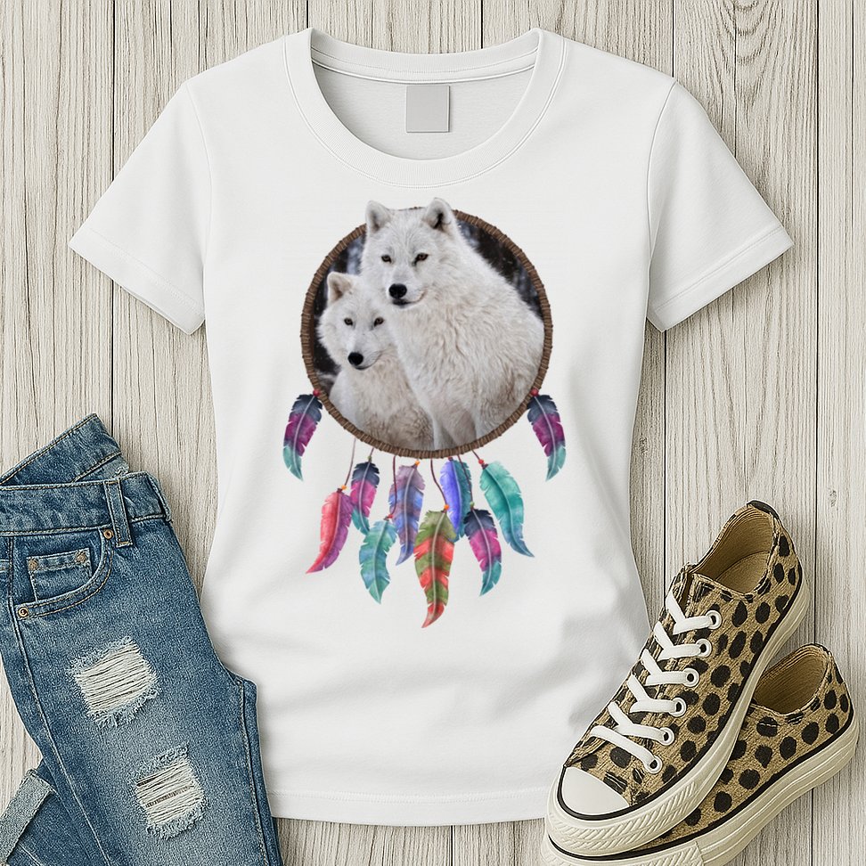 Two White Wolves Dream Catcher Womens T-Shirt