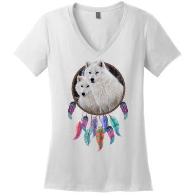 Two White Wolves Dream Catcher Women's V-Neck T-Shirt