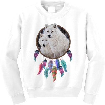Two White Wolves Dream Catcher Kids Sweatshirt