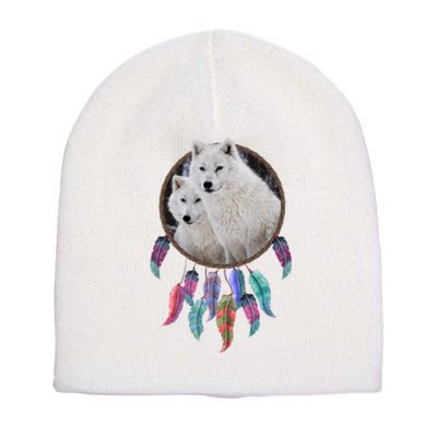 Two White Wolves Dream Catcher Short Acrylic Beanie