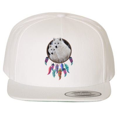 Two White Wolves Dream Catcher Wool Snapback Cap