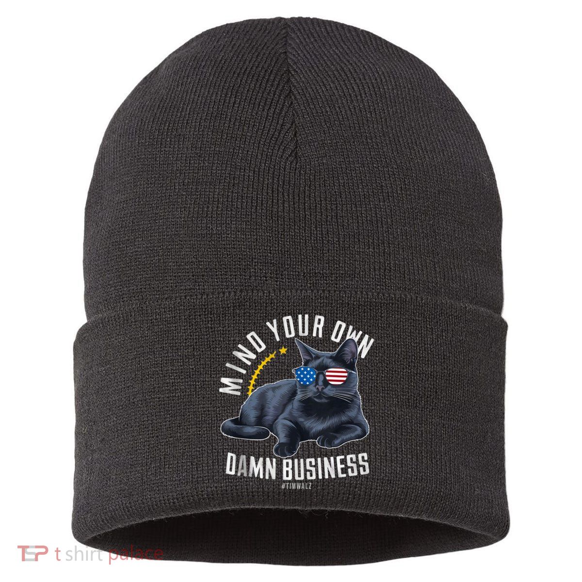 Tim Walz Waltz Mind Your Own Damn Business Funny Cat Design Sustainable Knit Beanie