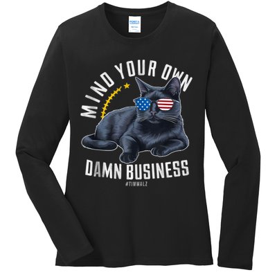 Tim Walz Waltz Mind Your Own Damn Business Funny Cat Design Ladies Long Sleeve Shirt
